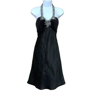 Morgan And Co Black Satin Formal Cocktail Dress Sleeveless Gemstone Small 3 4